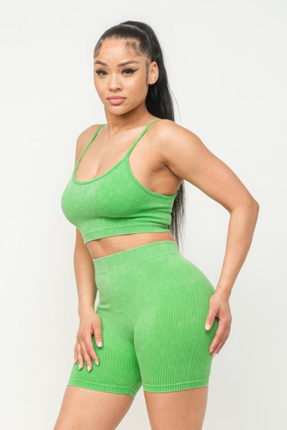 Washed Seamless Basic Tank Top And Shorts Set - Lime Green