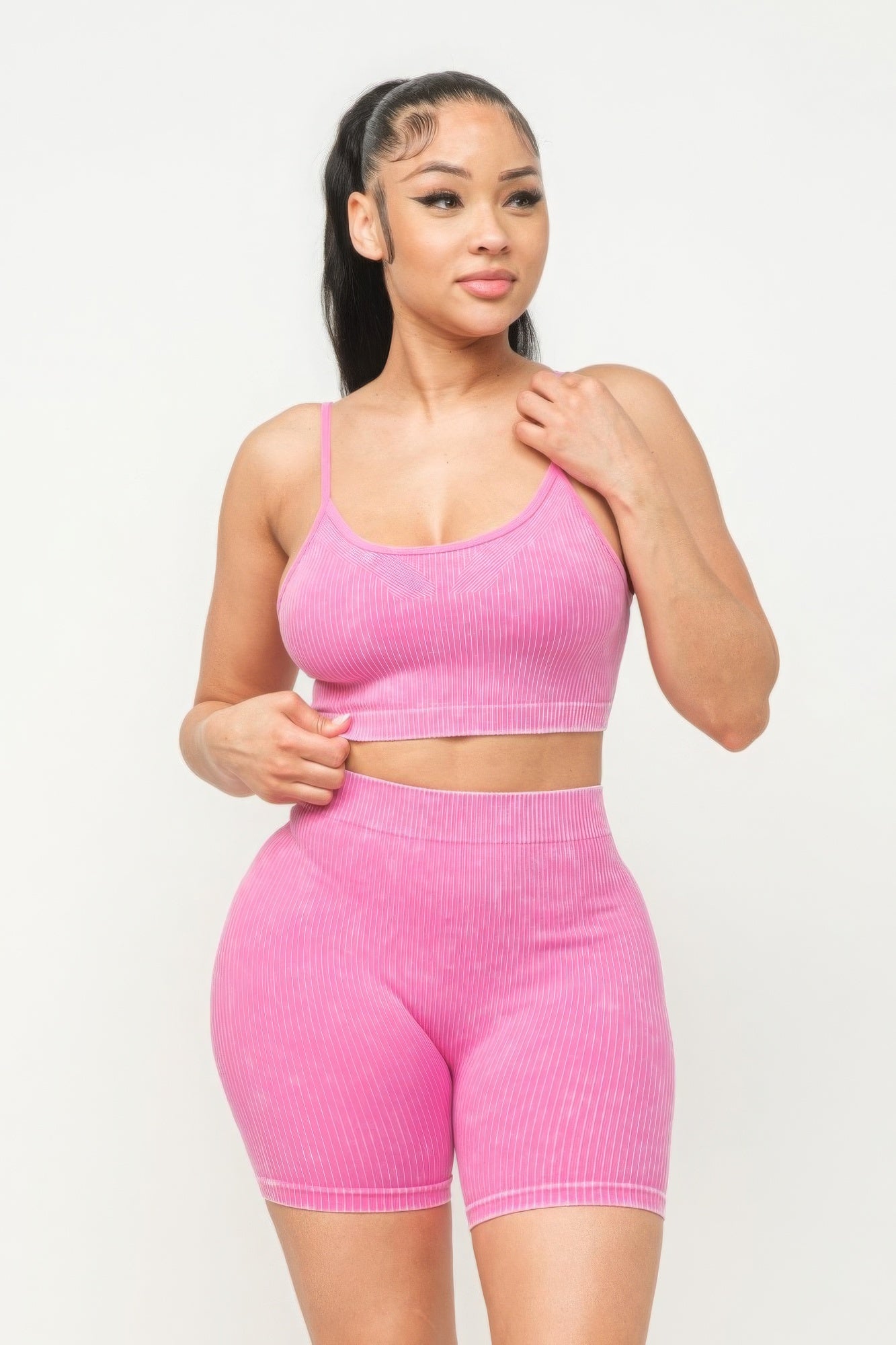 Washed Seamless Basic Tank Top And Shorts Set - Pink