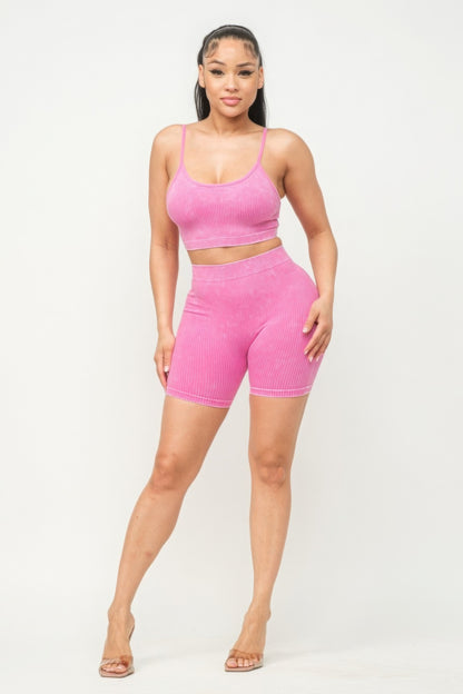 Washed Seamless Basic Tank Top And Shorts Set - Pink