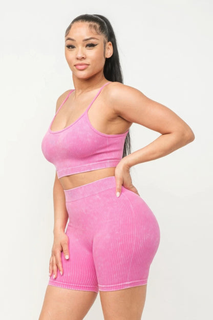 Washed Seamless Basic Tank Top And Shorts Set - Pink