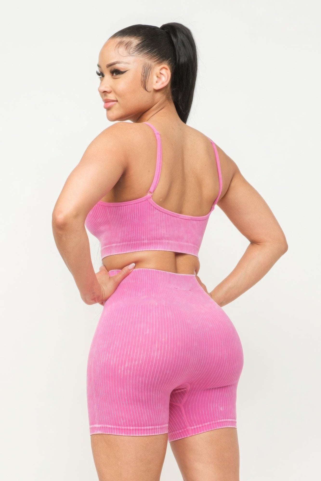 Washed Seamless Basic Tank Top And Shorts Set - Pink