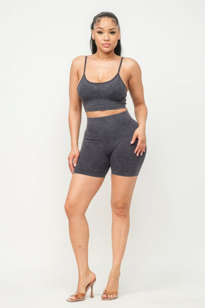 Washed Seamless Basic Tank Top And Shorts Set - Charcoal