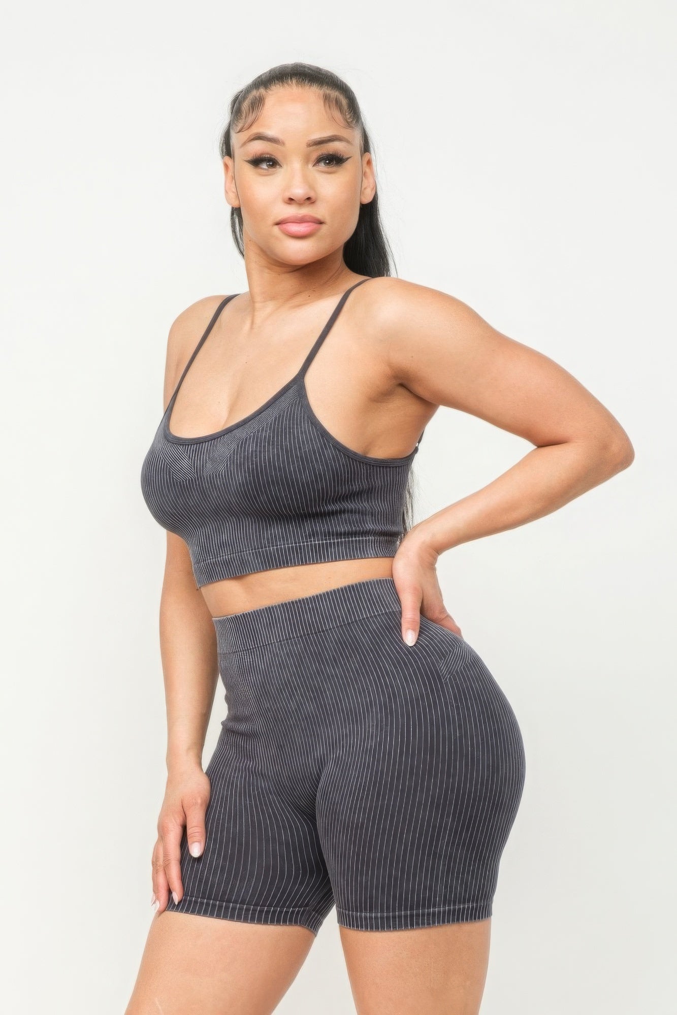 Washed Seamless Basic Tank Top And Shorts Set - Charcoal