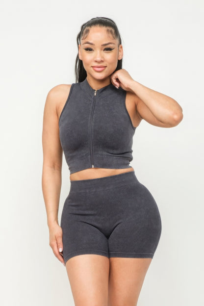 Washed Seamless Zipper Top And Shorts Set - Charcoal