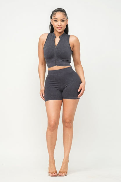 Washed Seamless Zipper Top And Shorts Set - Charcoal