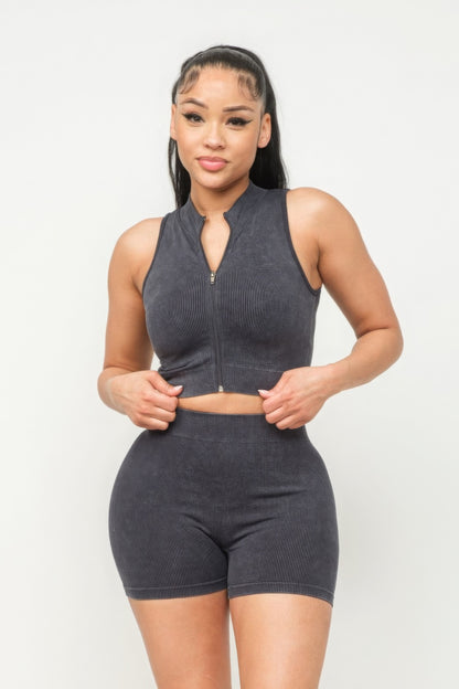 Washed Seamless Zipper Top And Shorts Set - Charcoal