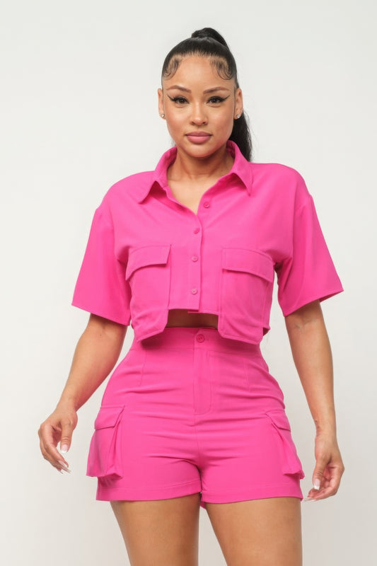 Front Button Down Side Pockets Top And Shorts Set - Pink