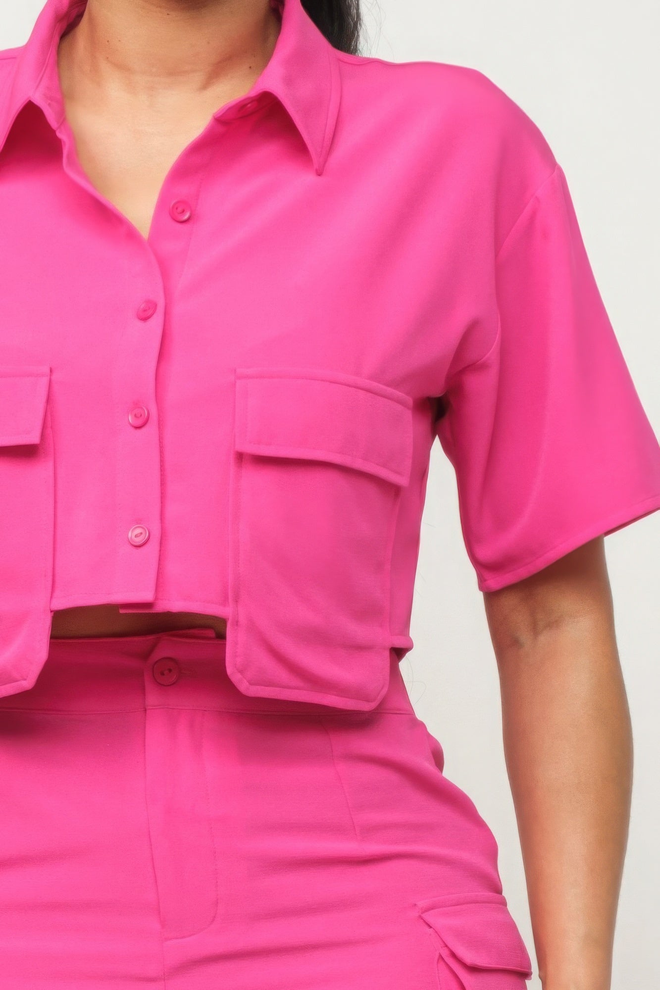 Front Button Down Side Pockets Top And Shorts Set - Pink