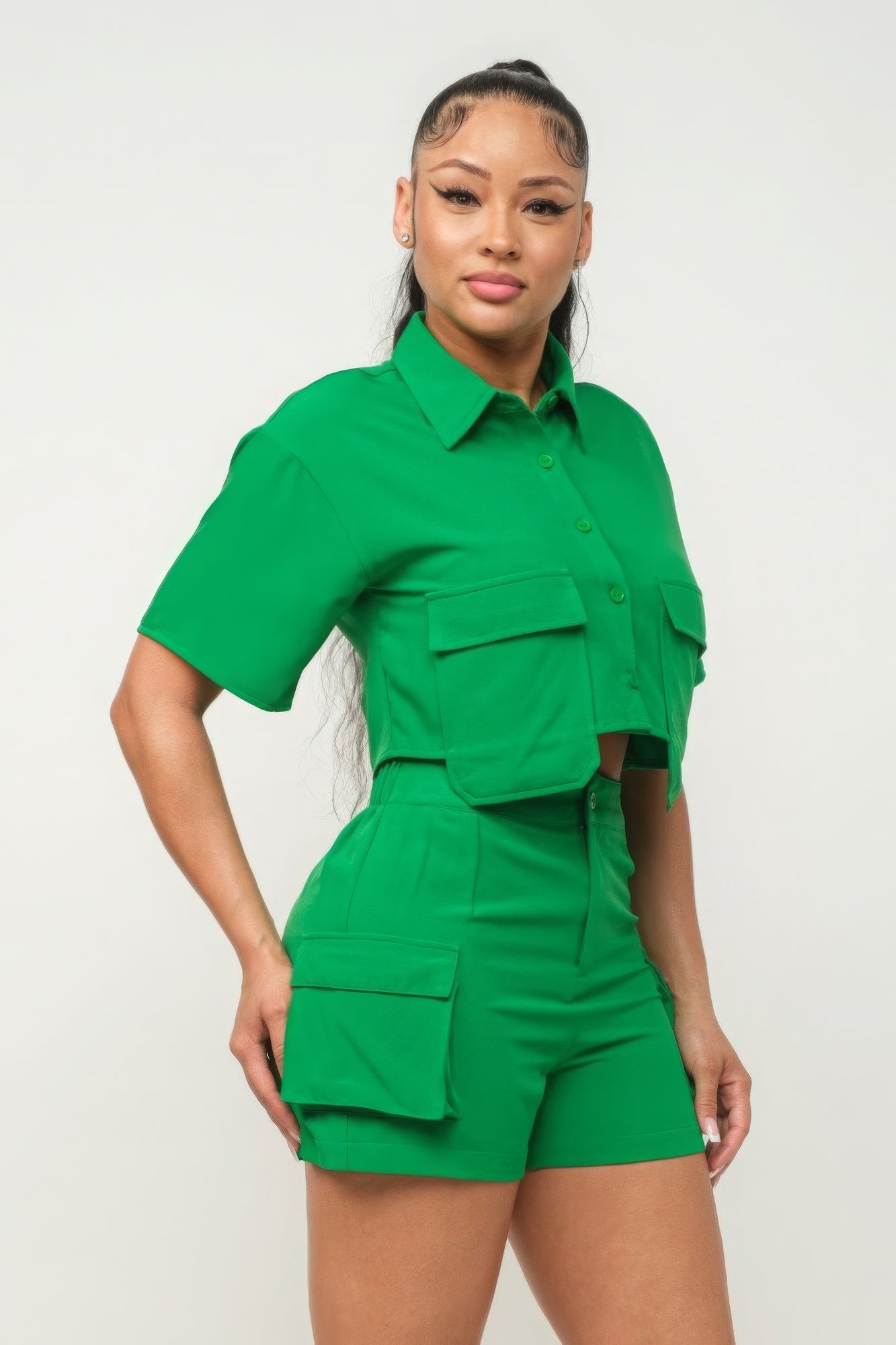 Front Button Down Side Pockets Top And Shorts Set - Green