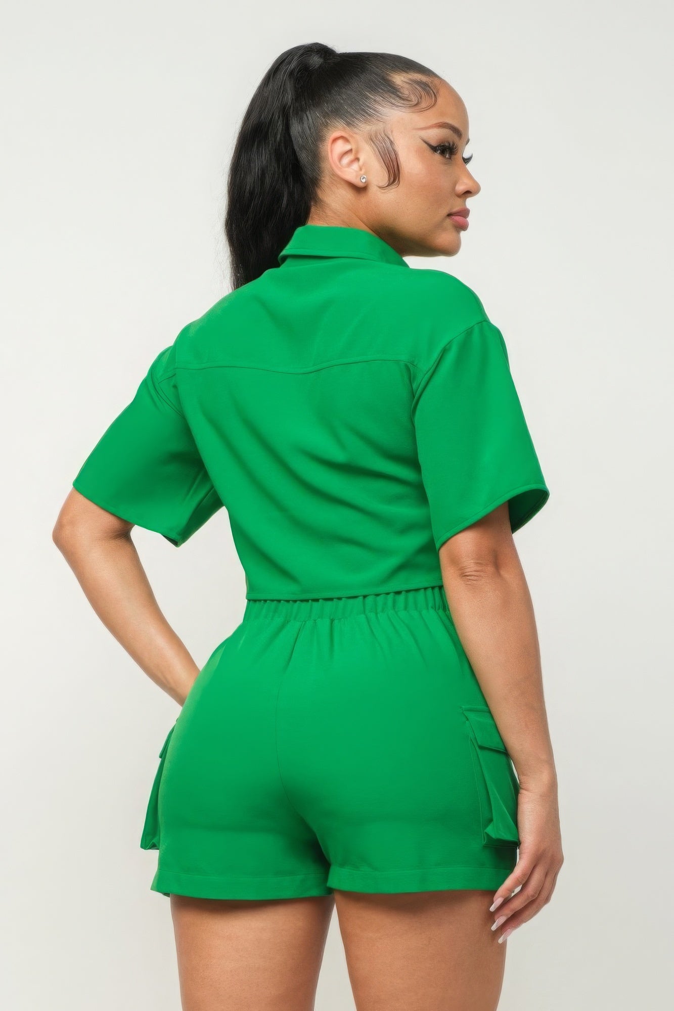 Front Button Down Side Pockets Top And Shorts Set - Green