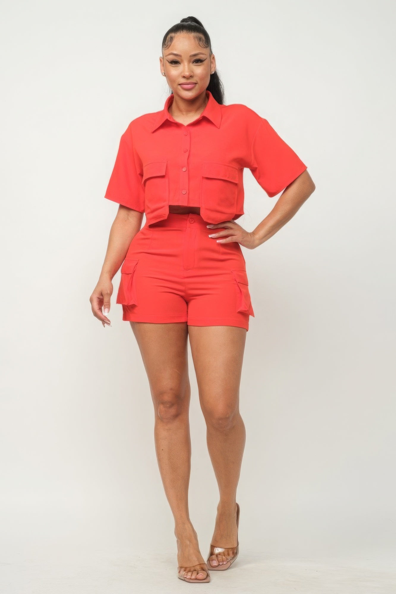 Front Button Down Side Pockets Top And Shorts Set - Orange