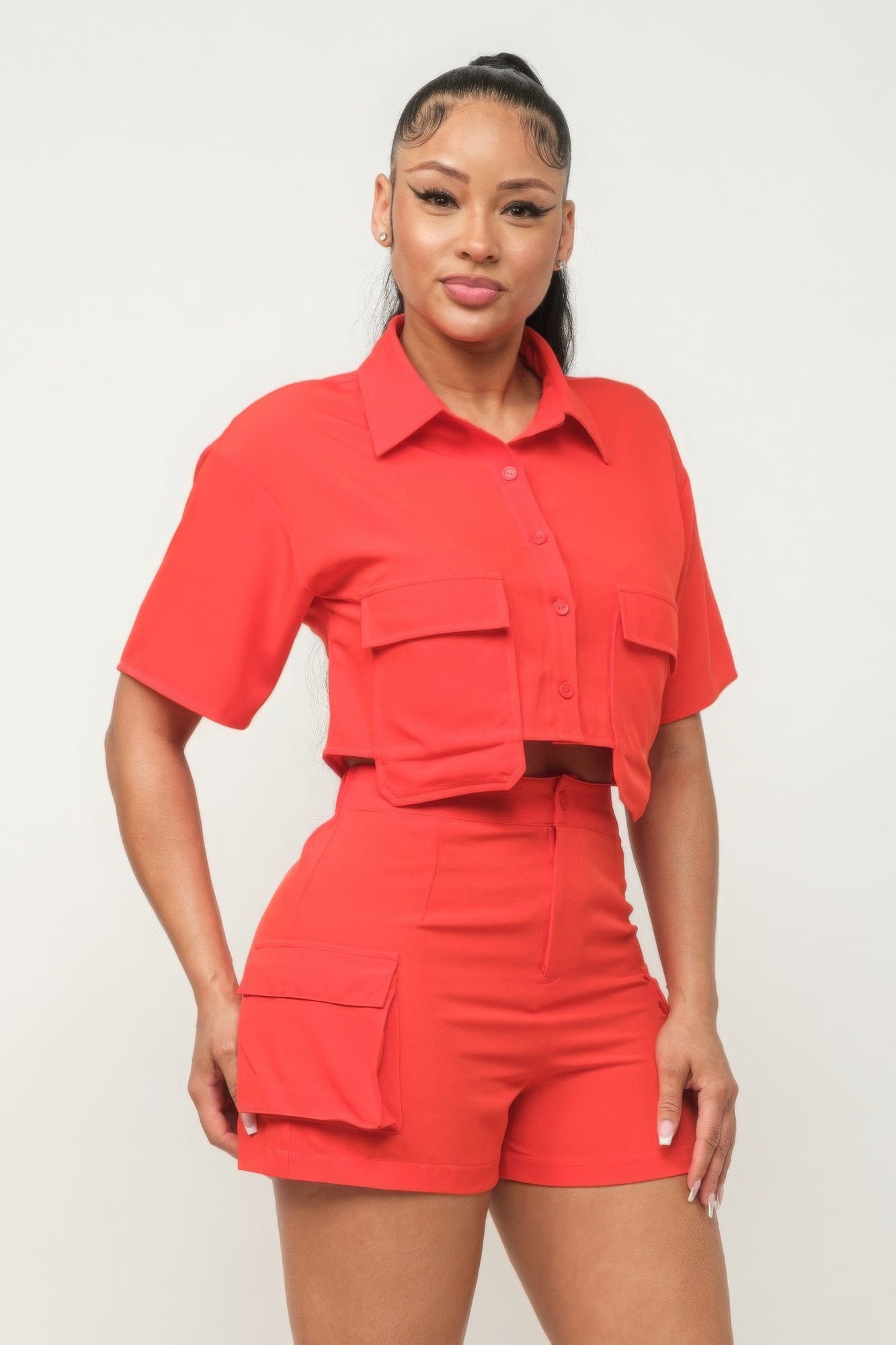 Front Button Down Side Pockets Top And Shorts Set - Orange