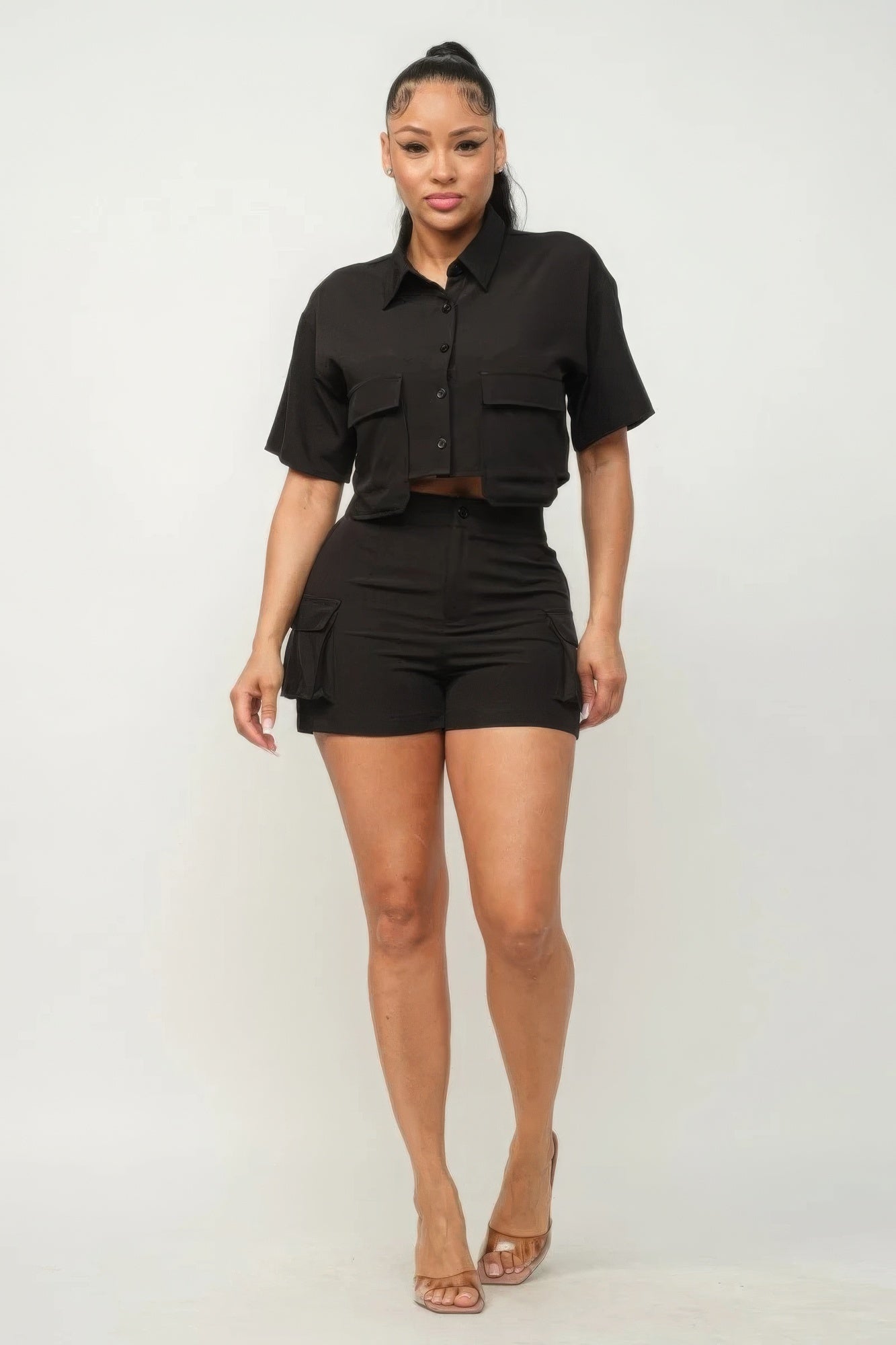 Front Button Down Side Pockets Top And Shorts Set - Black