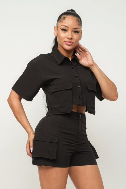Front Button Down Side Pockets Top And Shorts Set - Black