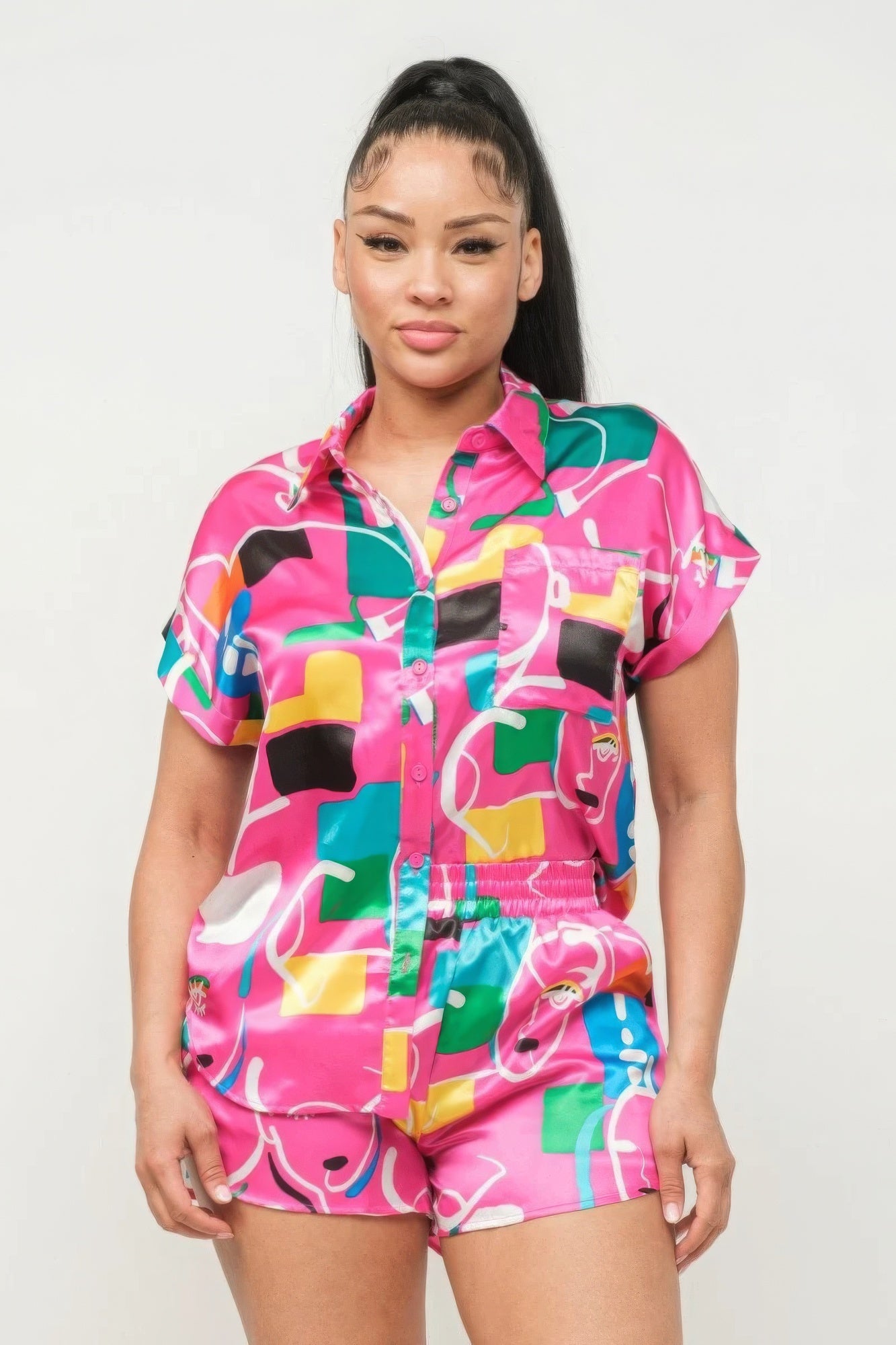 Satin Dolman Print Button Down Top And Shorts Set - Pink