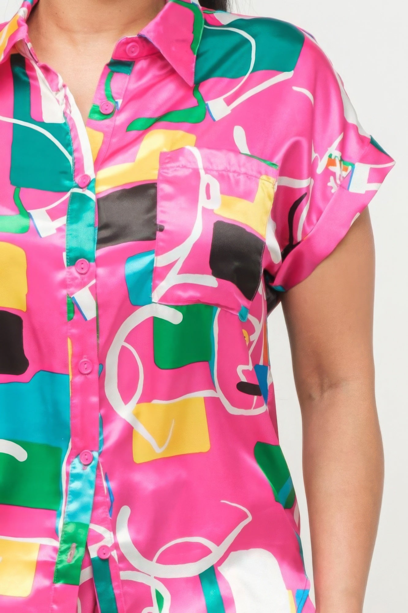 Satin Dolman Print Button Down Top And Shorts Set - Pink