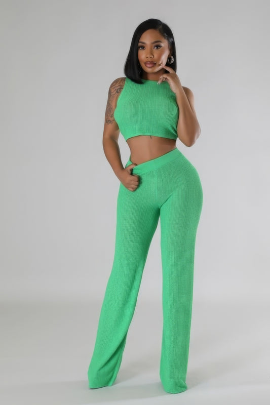 Tie-Back Cropped Top Two Pieces Pant Set - Green