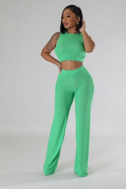 Tie-Back Cropped Top Two Pieces Pant Set - Green