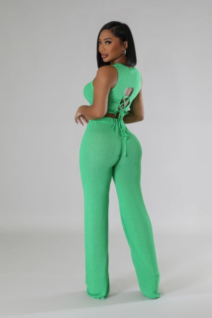 Tie-Back Cropped Top Two Pieces Pant Set - Green