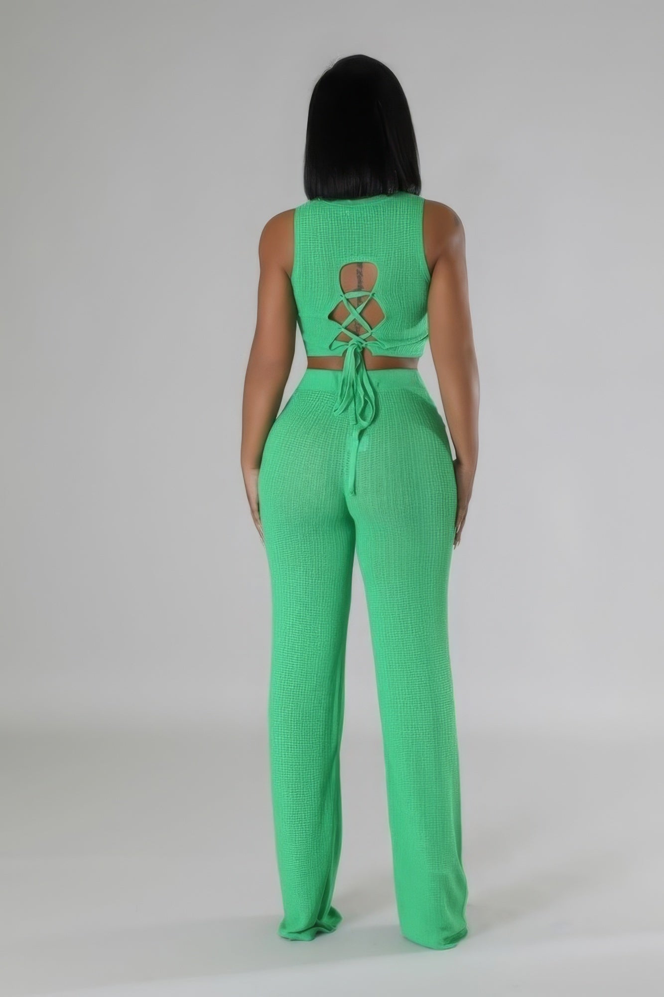 Tie-Back Cropped Top Two Pieces Pant Set - Green