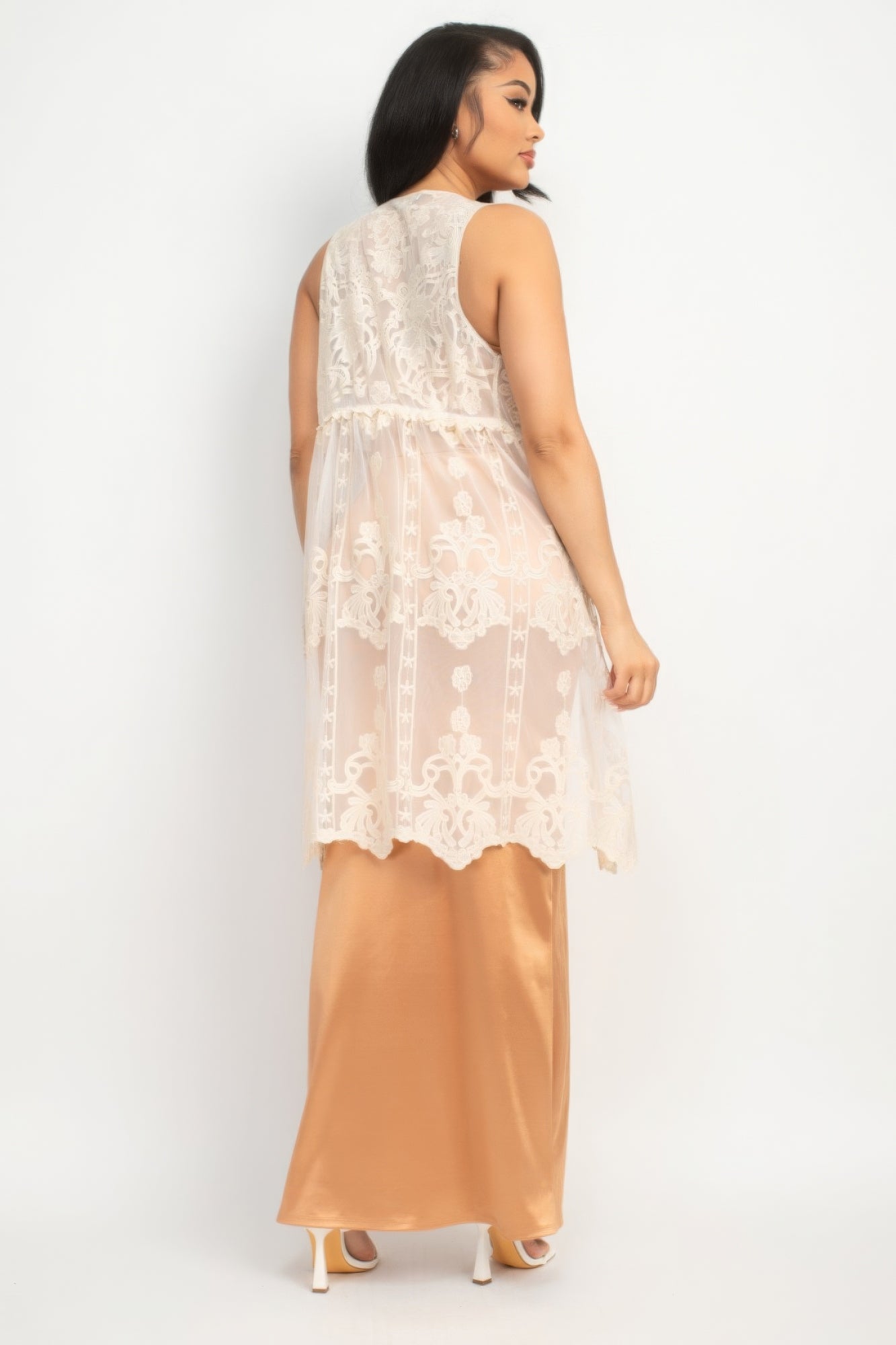 Sheer Embroidered Lace Vest - Beige