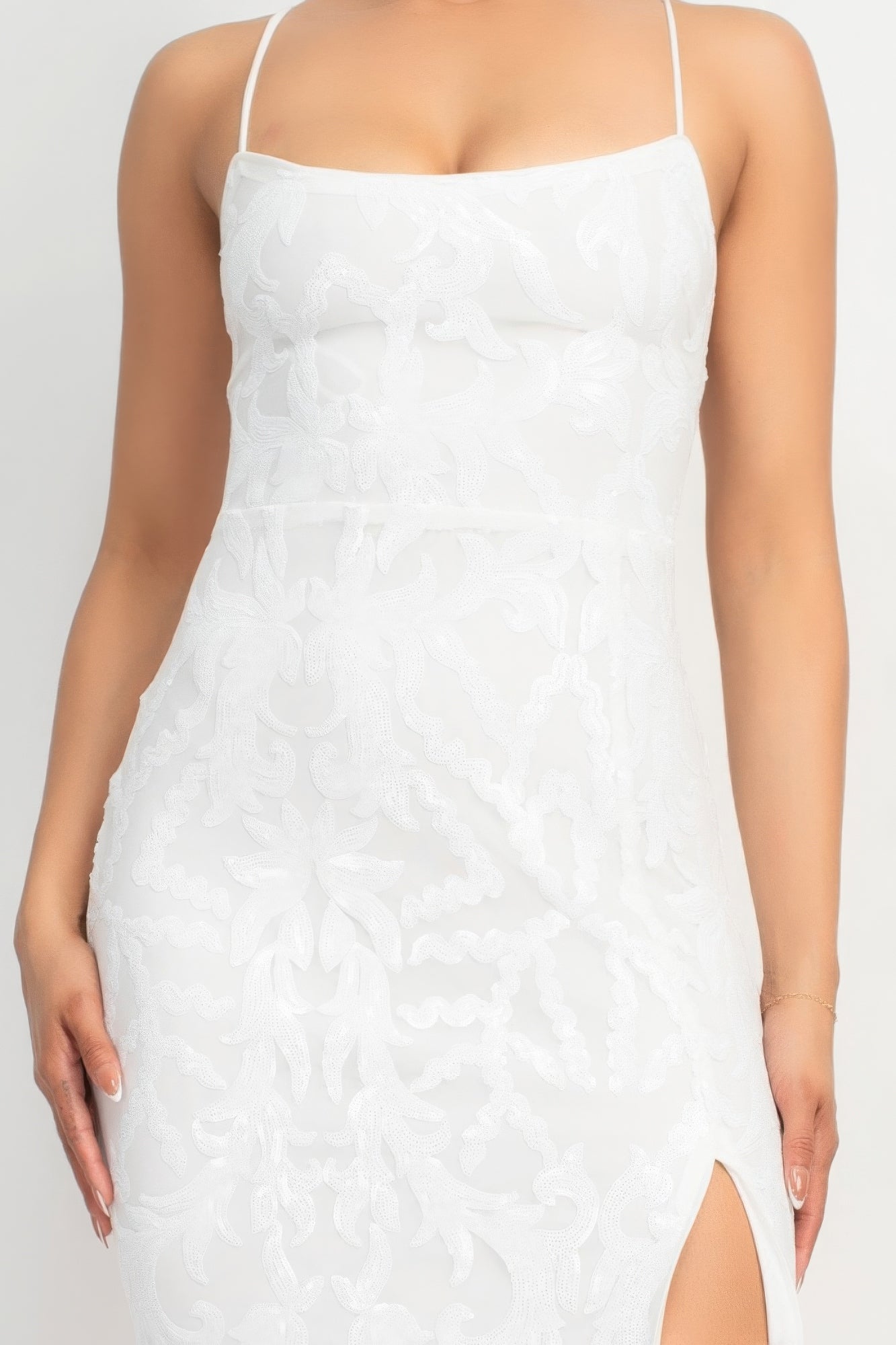 Sequin Sheath Crisscross Back Tie Slit Dress - White