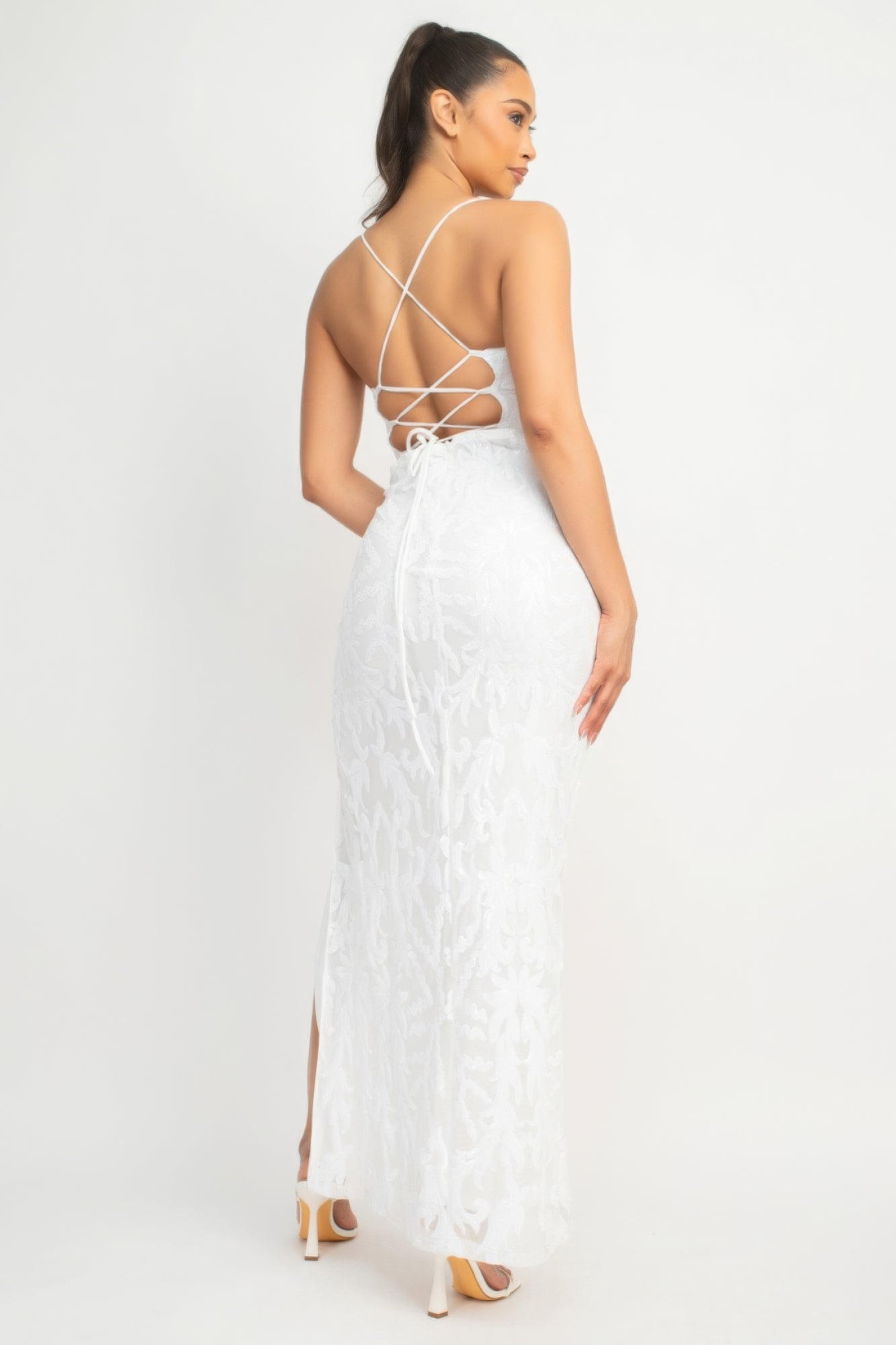 Sequin Sheath Crisscross Back Tie Slit Dress - White