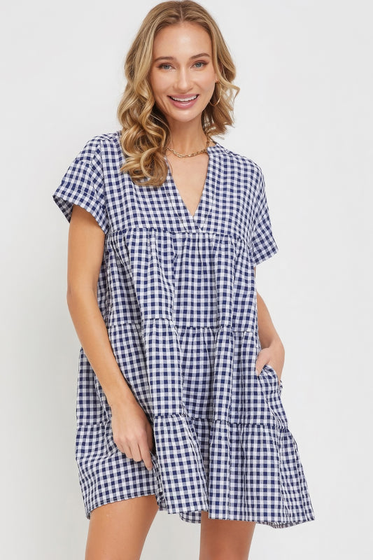 Cotton Baby Doll Gingham Dress - Navy