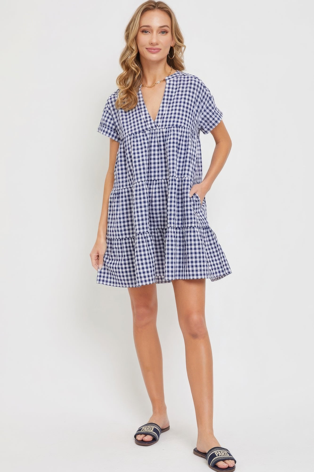 Cotton Baby Doll Gingham Dress - Navy