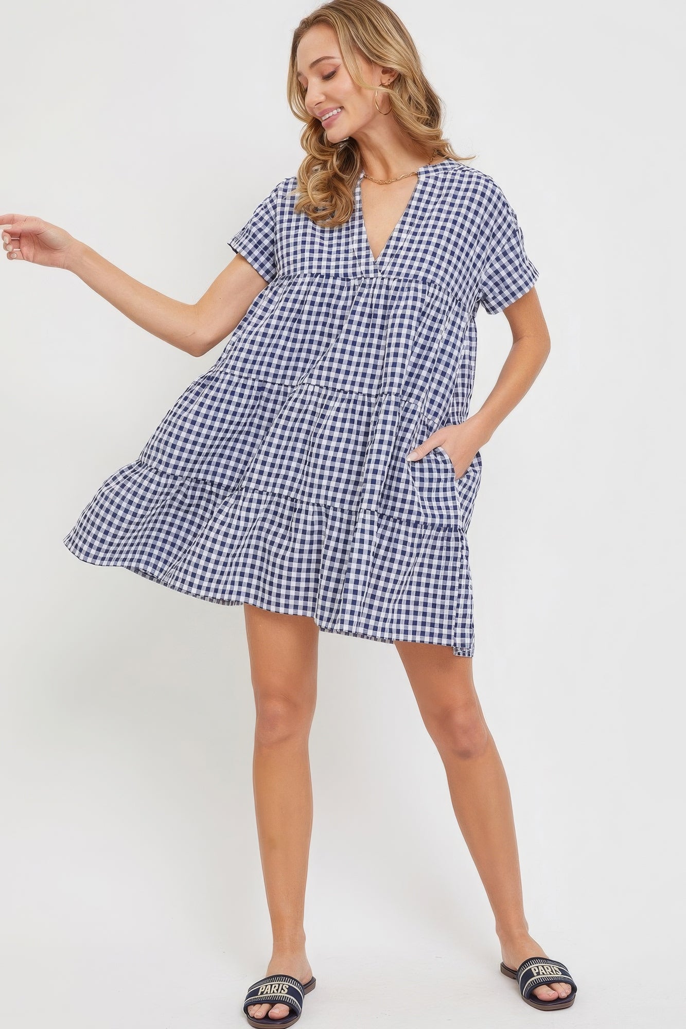 Cotton Baby Doll Gingham Dress - Navy