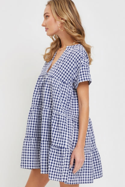 Cotton Baby Doll Gingham Dress - Navy