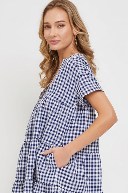 Cotton Baby Doll Gingham Dress - Navy