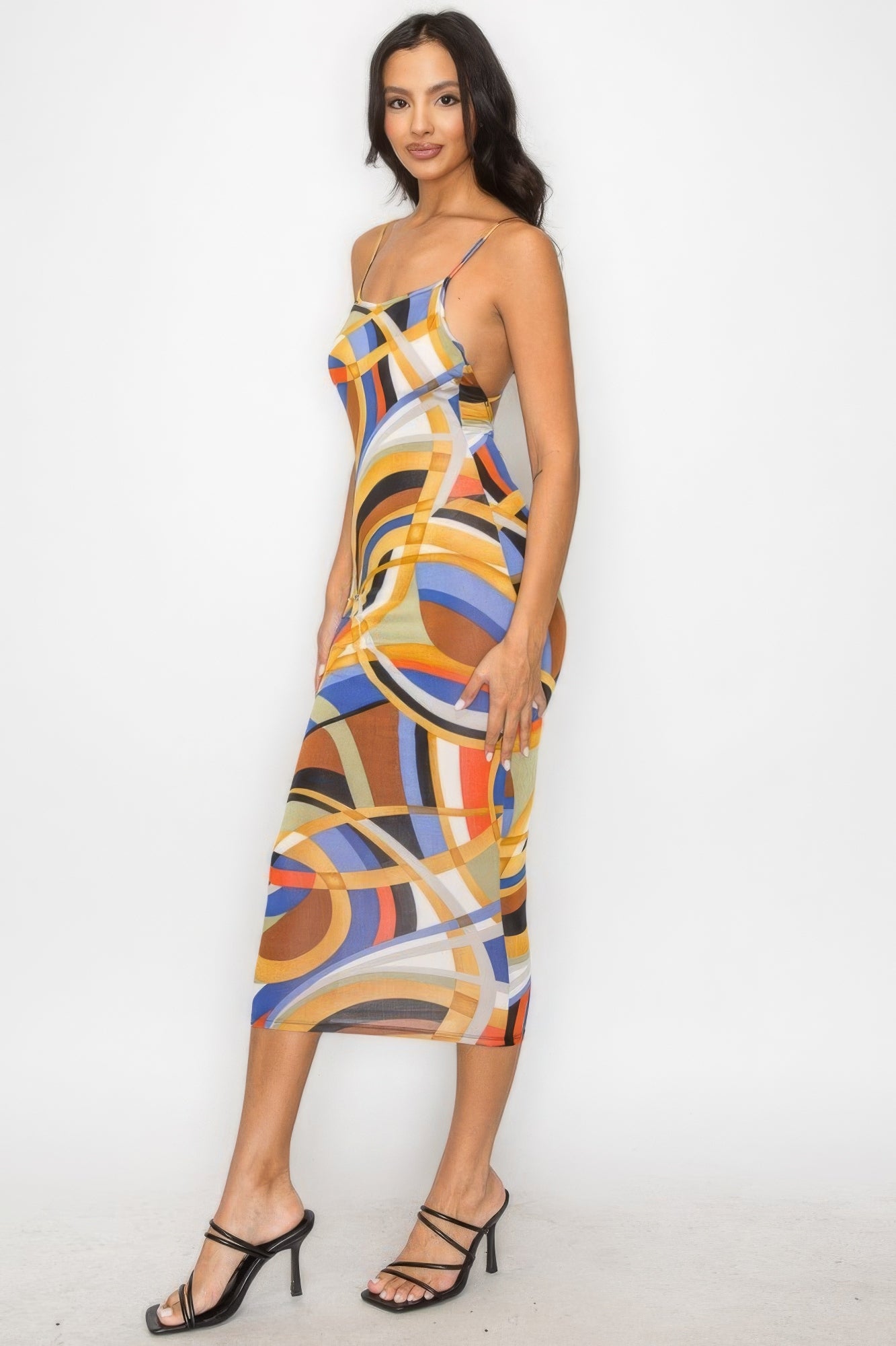 Crossed Back Marble Print Multicolor Midi Dress - Gold Multi