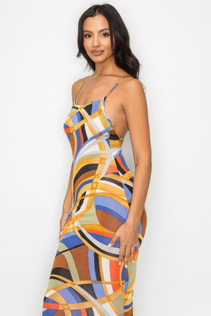 Crossed Back Marble Print Multicolor Midi Dress - Gold Multi