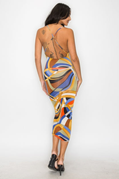 Crossed Back Marble Print Multicolor Midi Dress - Gold Multi