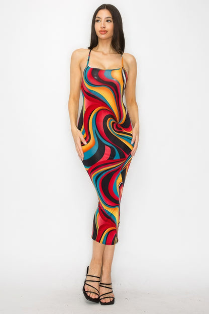 Crossed Back Marble Print Multicolor Midi Dress - Red Multi