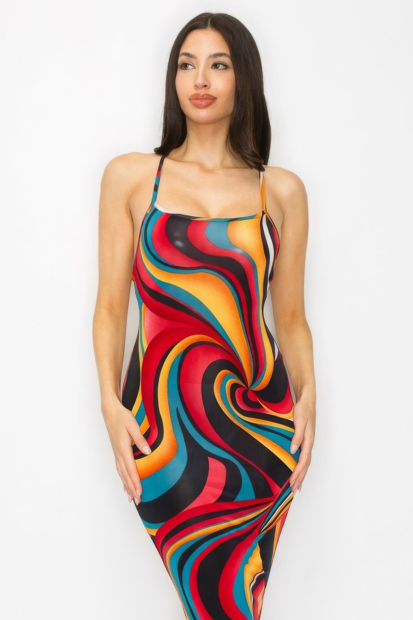 Crossed Back Marble Print Multicolor Midi Dress - Red Multi