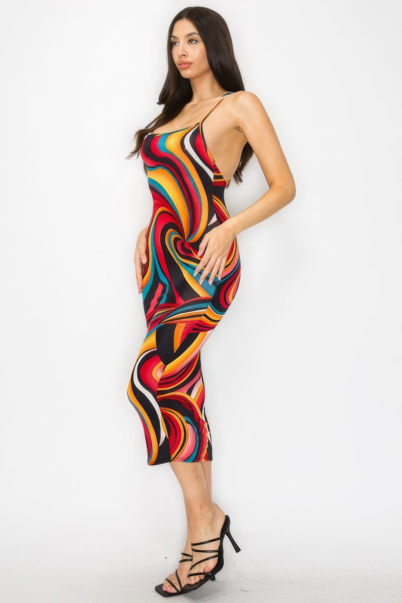 Crossed Back Marble Print Multicolor Midi Dress - Red Multi