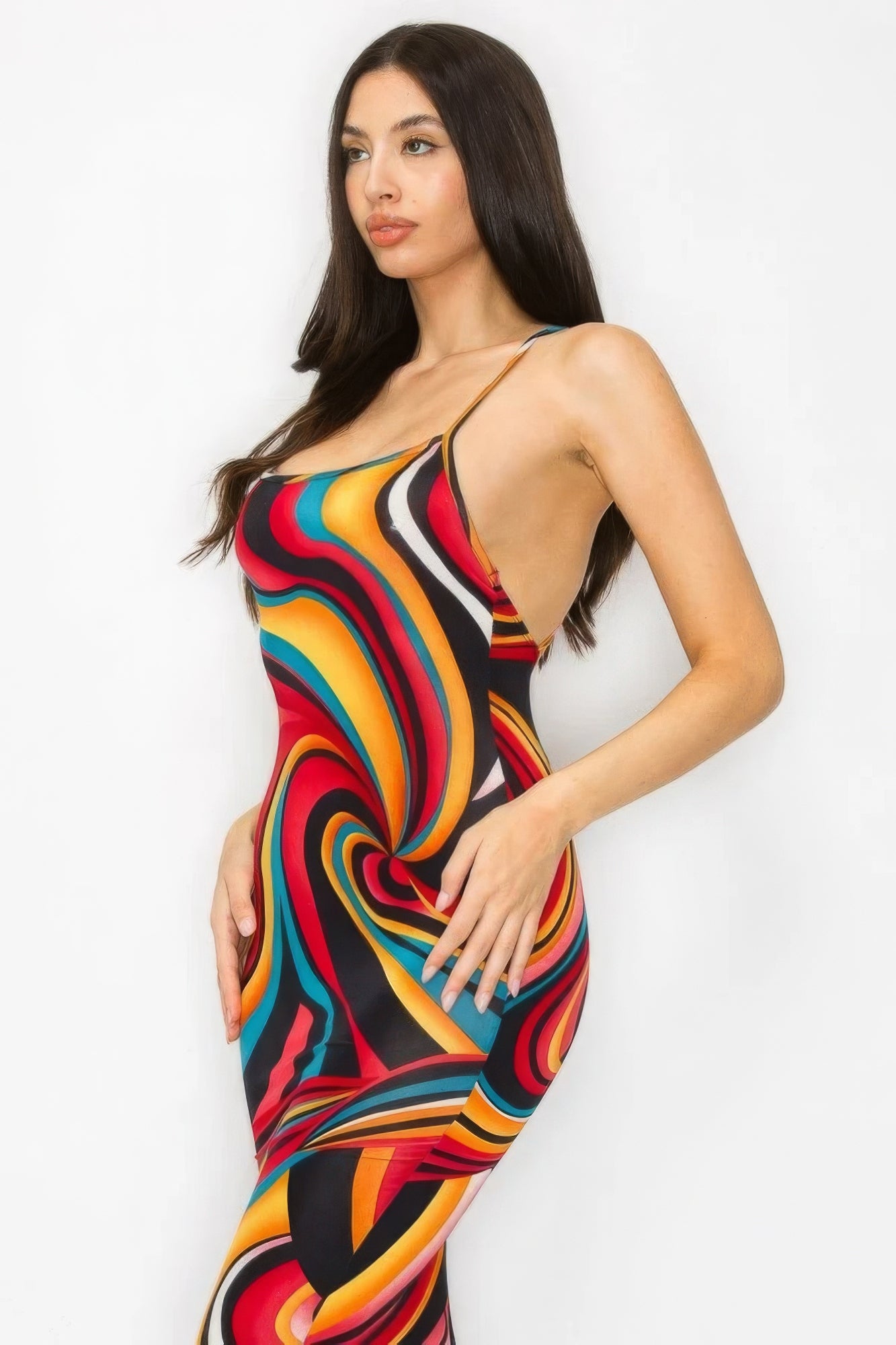 Crossed Back Marble Print Multicolor Midi Dress - Red Multi