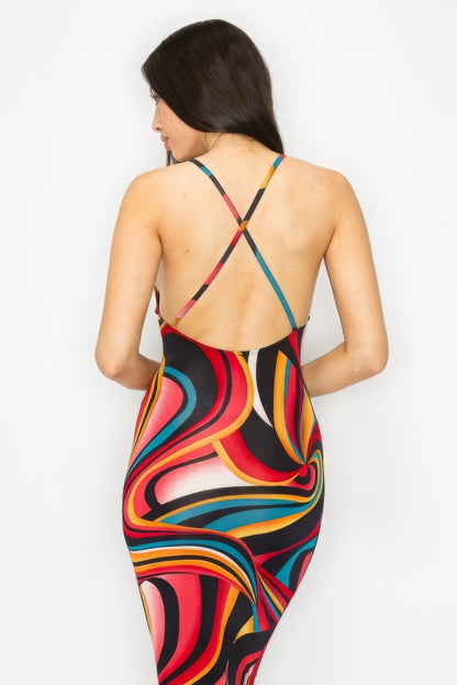 Crossed Back Marble Print Multicolor Midi Dress - Red Multi