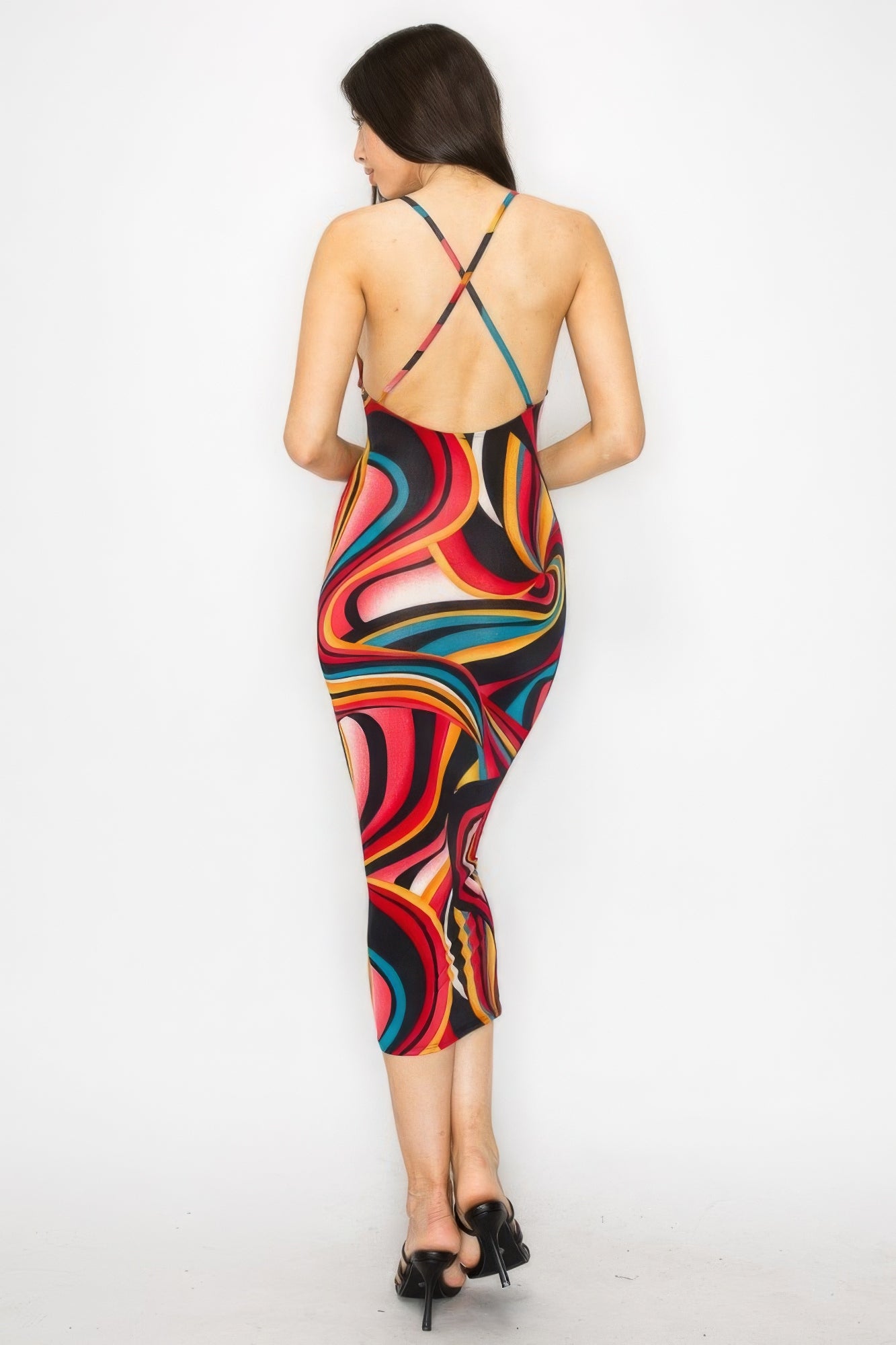 Crossed Back Marble Print Multicolor Midi Dress - Red Multi