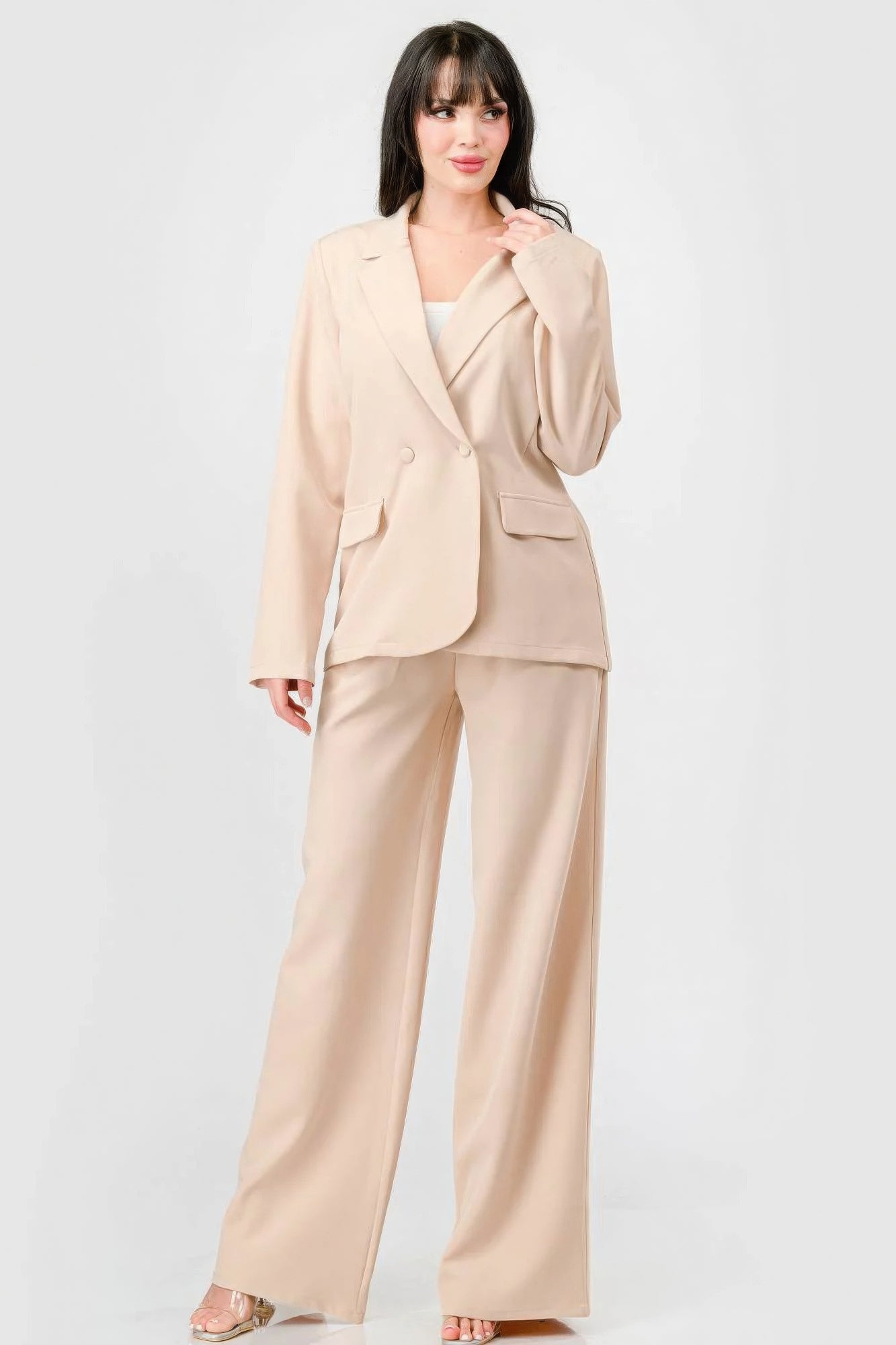 Luxe Stretch Woven Loose Fit Blazer And Wide Legs Pants Semi Formal Set - Beige