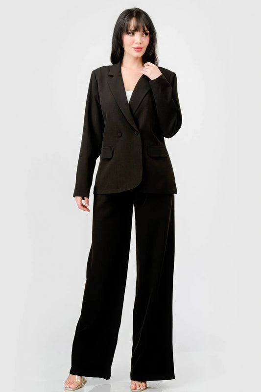 Luxe Stretch Woven Loose Fit Blazer And Wide Legs Pants Semi Formal Set - Black