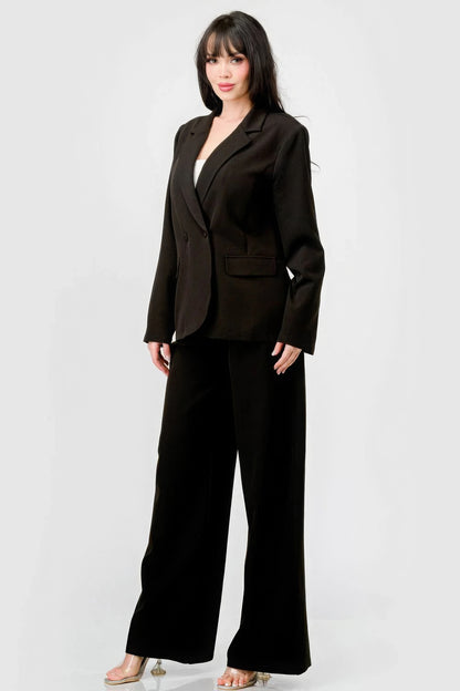 Luxe Stretch Woven Loose Fit Blazer And Wide Legs Pants Semi Formal Set - Black