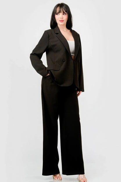 Luxe Stretch Woven Loose Fit Blazer And Wide Legs Pants Semi Formal Set - Black