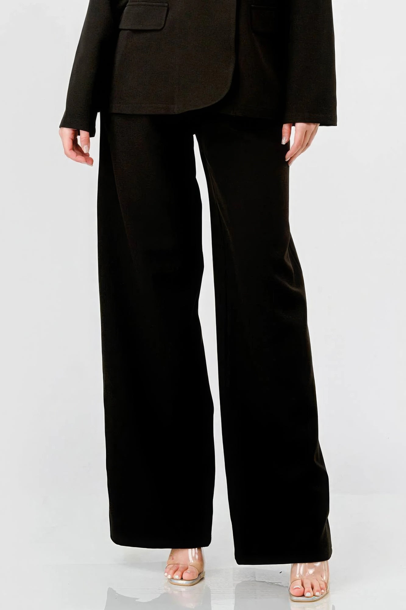 Luxe Stretch Woven Loose Fit Blazer And Wide Legs Pants Semi Formal Set - Black