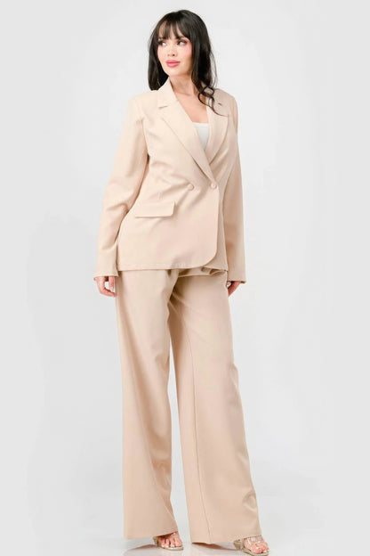 Luxe Stretch Woven Loose Fit Blazer And Wide Legs Pants Semi Formal Set - Beige