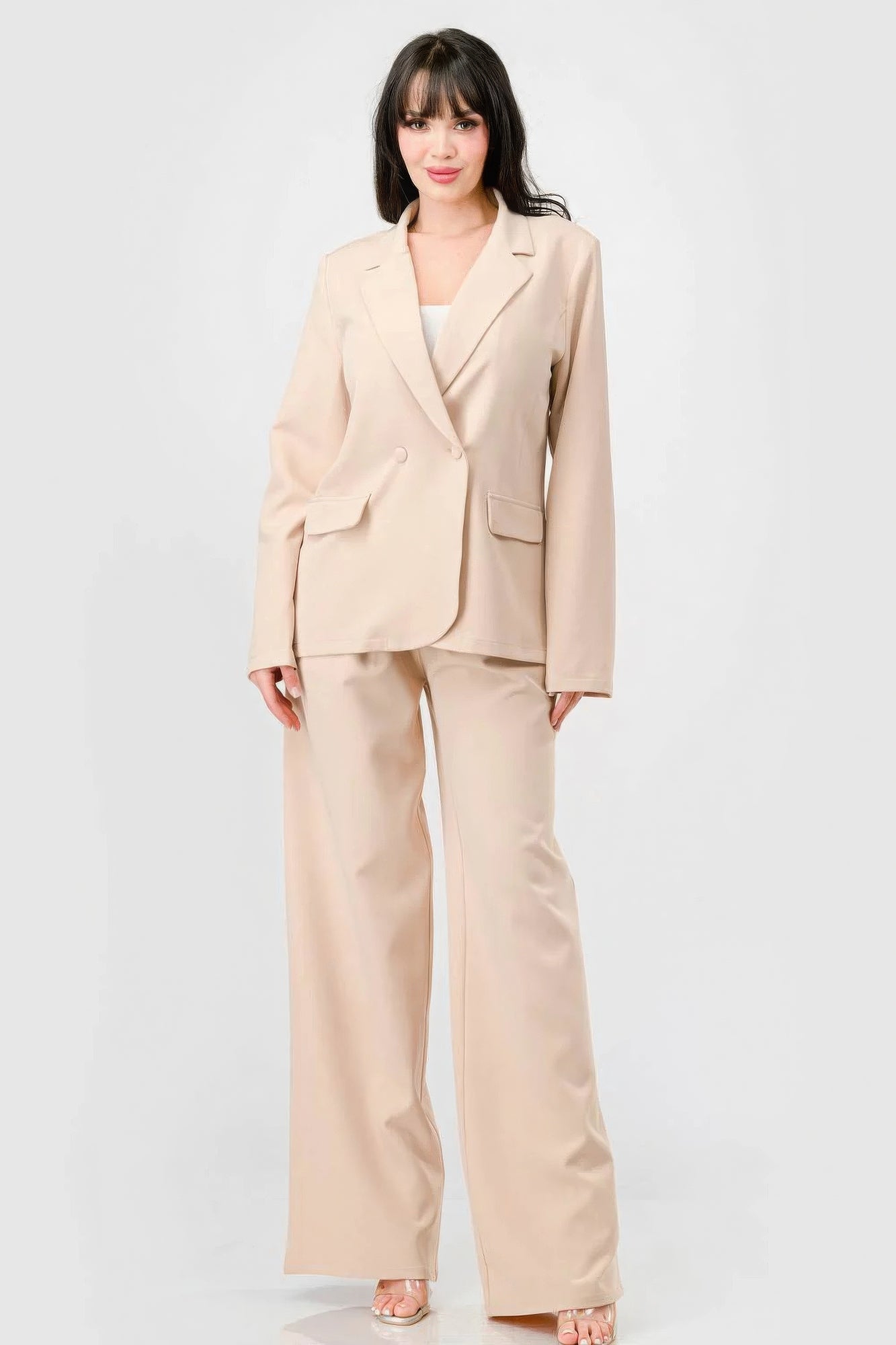 Luxe Stretch Woven Loose Fit Blazer And Wide Legs Pants Semi Formal Set - Beige