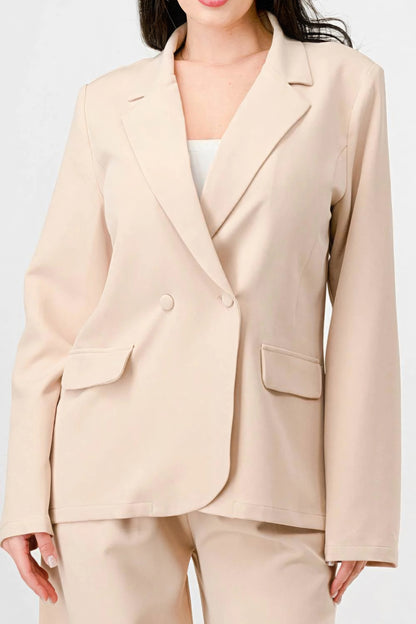 Luxe Stretch Woven Loose Fit Blazer And Wide Legs Pants Semi Formal Set - Beige