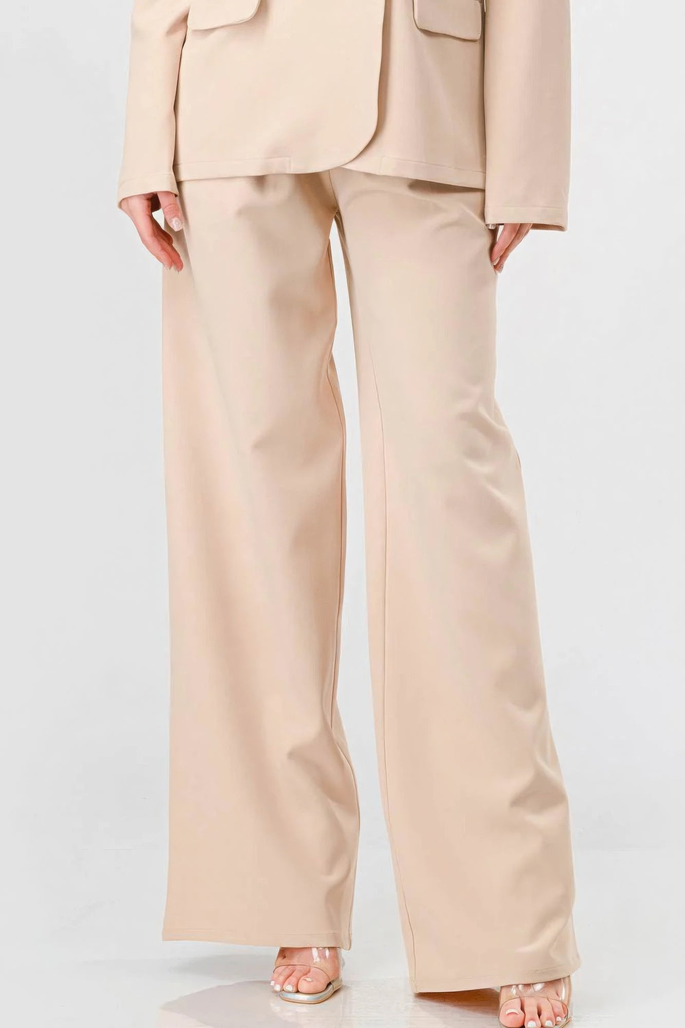 Luxe Stretch Woven Loose Fit Blazer And Wide Legs Pants Semi Formal Set - Beige